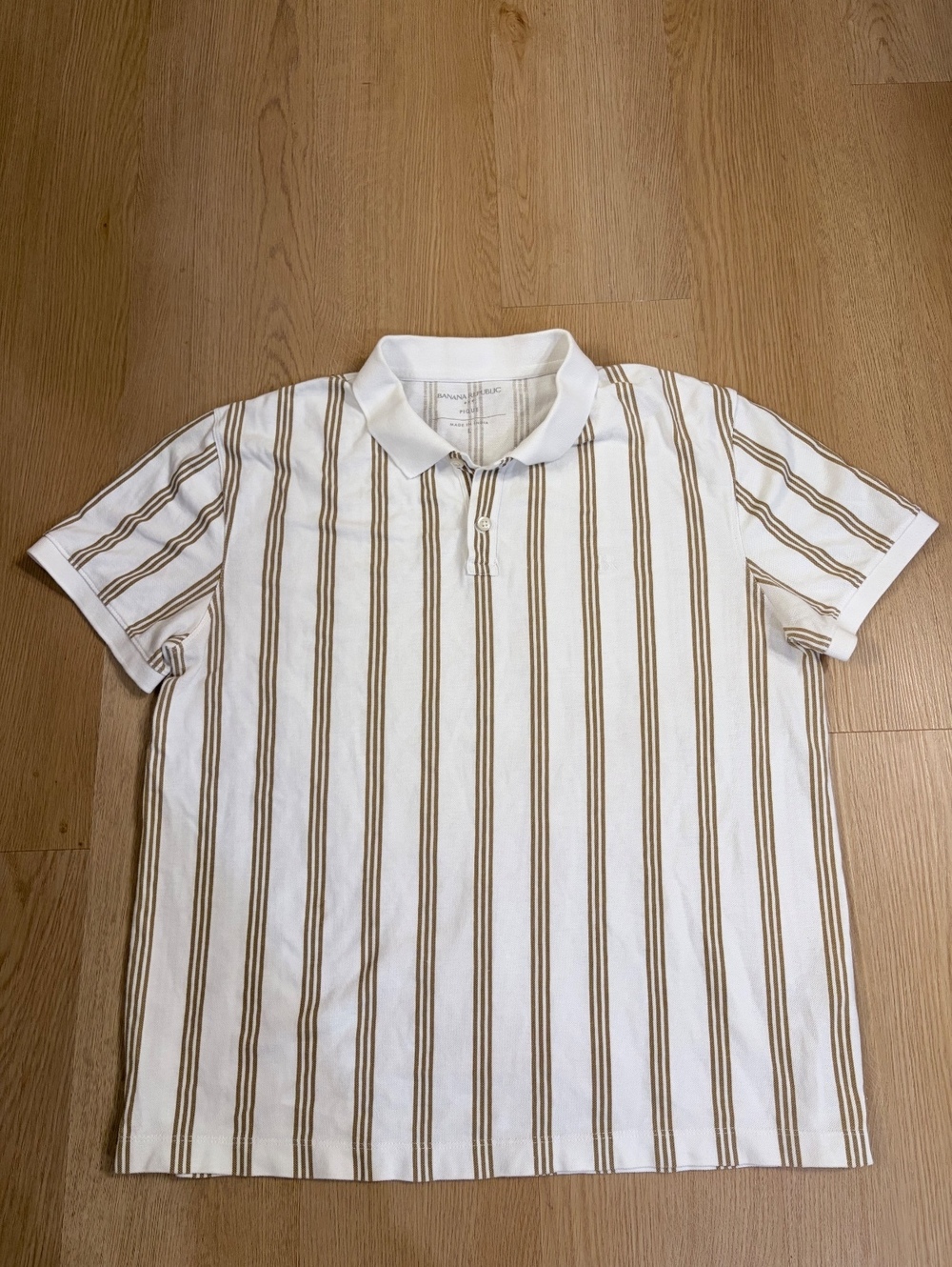 Men’s Banana Republic Men’s Pique Striped Polo Shirt White Tan Size Large